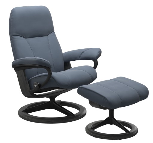 Fotoliu recliner cu taburet Stressless Consul Signature M cadru Black-Grey  tapiterie piele Paloma Sparrow Blue
