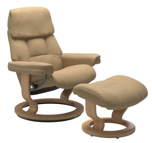 Fotoliu recliner cu taburet Stressless Ruby M Classic  baza Oak  tapiterie piele Paloma Sand