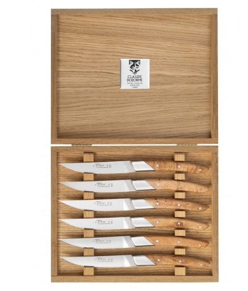 Set cutite friptura Claude Dozorme Classic Le Thiers Art Deco cu maner din lemn ienupar  6 piese  bolster inox  cutie lemn stejar