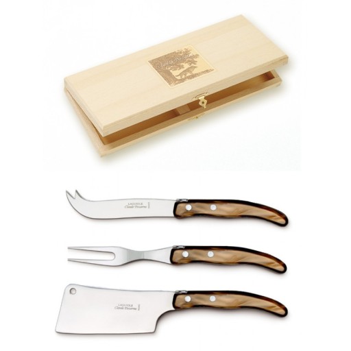 Set cutite branzeturi Claude Dozorme Berlingot  maner rasina cappuccino  3 piese  cutie lemn fag