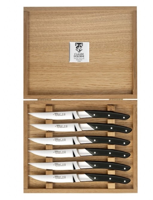 Set cutite friptura Claude Dozorme Classic Le Thiers Art Deco cu maner din lemn abanos  6 piese  bolster inox  cutie lemn stejar