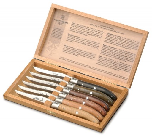 Set cutite friptura Claude Dozorme Laguiole maner lemn mix  6 piese  bolster inox  cutie lemn stejar