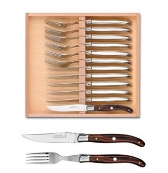 Set tacamuri Claude Dozorme Laguiole  maner lemn trandafir  bolster inox  12 piese  cutie lemn fag