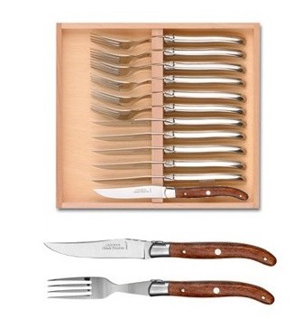 Set tacamuri Claude Dozorme Laguiole  maner lemn exotic  bolster inox  12 piese  cutie lemn fag