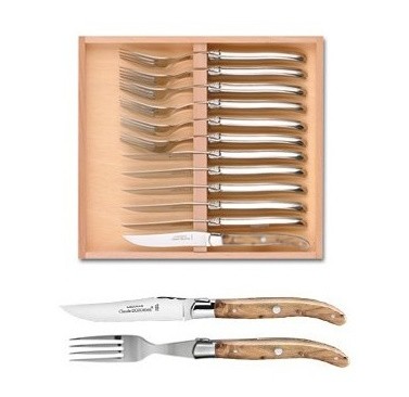 Set tacamuri Claude Dozorme Laguiole  maner lemn ienupar  bolster inox  12 piese  cutie lemn fag
