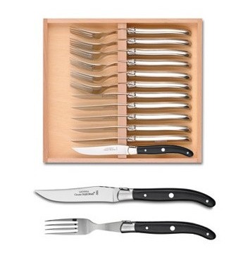 Set tacamuri Claude Dozorme Laguiole  maner lemn abanos  bolster inox  12 piese  cutie lemn fag