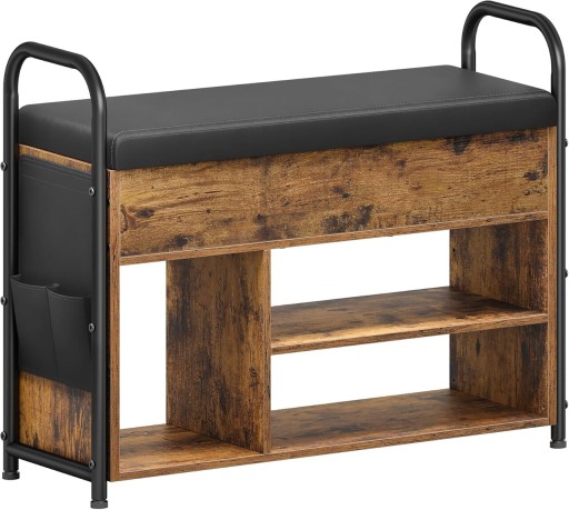 Bancheta cu pantofar si spatiu de depozitare, Vasagle, 80.6x30x62.5 cm, max 91 kg, otel/piele ecologica, maro/negru