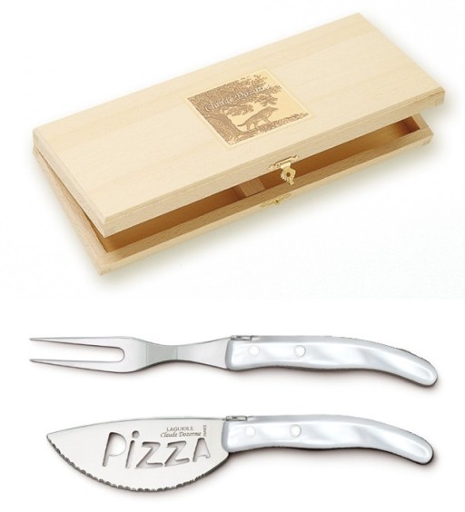 Set cutite pizza Claude Dozorme Berlingot  maner rasina alb  2 piese  cutie lemn fag