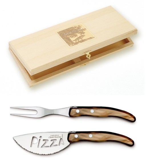 Set cutite pizza Claude Dozorme Berlingot  maner rasina cappuccino  2 piese  cutie lemn fag