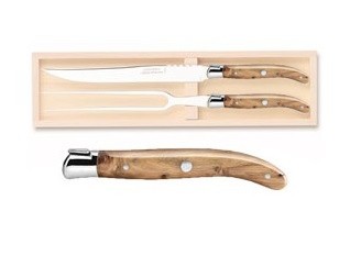 Set Claude Dozorme Laguiole 2P Carving  cutit + furculita cu maner lemn ienupar  bolster inox  2 piese  cutie lemn fag