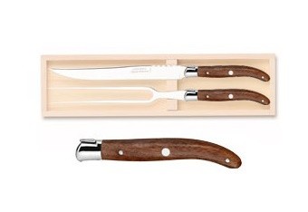 Set Claude Dozorme Laguiole 2P Carving  cutit + furculita cu maner lemn exotic  bolster inox  2 piese  cutie lemn fag