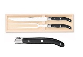 Set Claude Dozorme Laguiole 2P Carving  cutit + furculita cu maner lemn abanos  bolster inox  2 piese  cutie lemn fag