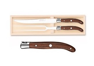 Set Claude Dozorme Laguiole 2P Carving  cutit + furculita cu maner lemn trandafir  bolster inox  2 piese  cutie lemn fag