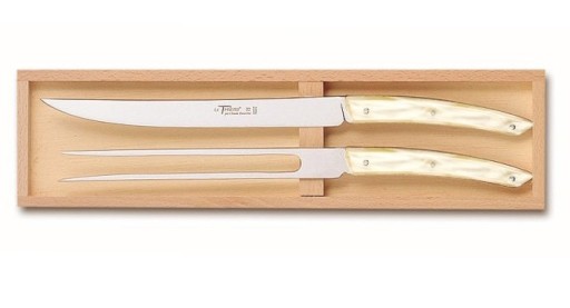 Set tacamuri Claude Dozorme Classic Le Thiers 2P Carving  cutit + furculita  maner rasina natural  2 piese  cutie lemn fag