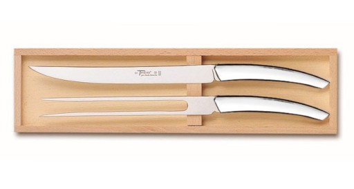 Set tacamuri Claude Dozorme Classic Le Thiers 2P Carving  cutit + furculita  maner inox lucios  2 piese  cutie lemn fag