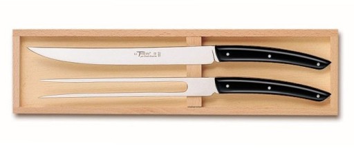 Set tacamuri Claude Dozorme Classic Le Thiers 2P Carving  cutit + furculita  maner rasina negru  2 piese  cutie lemn fag