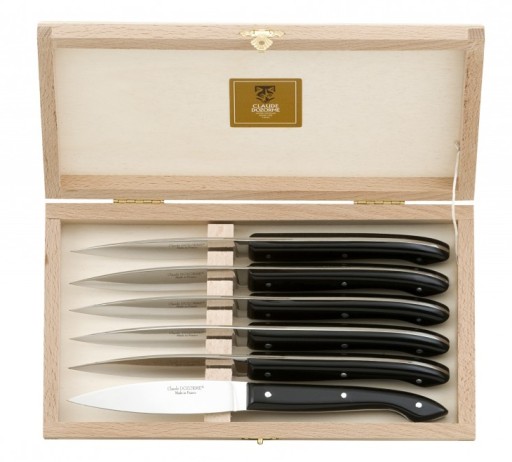 Set cutite friptura Claude Dozorme Capucin cu maner rasina negru  6 piese  cutie lemn fag