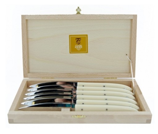 Set cutite friptura Claude Dozorme Capucin cu maner rasina crem  6 piese  cutie lemn fag