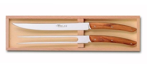 Set tacamuri Claude Dozorme Classic Le Thiers 2P Carving  cutit + furculita  maner lemn maslin  2 piese  cutie lemn fag