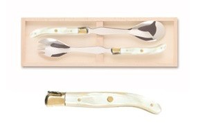Set tacamuri servire salata Claude Dozorme Laguiole  maner rasina natural  bolster alama  2 piese  cutie lemn fag