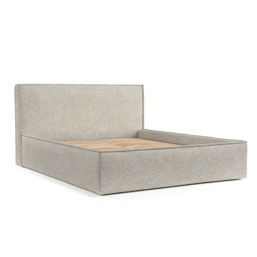 Pat matrimonial bej tapițat cu spațiu de depozitare cu somieră 180x200 cm Lounge L – Maison de Rêve