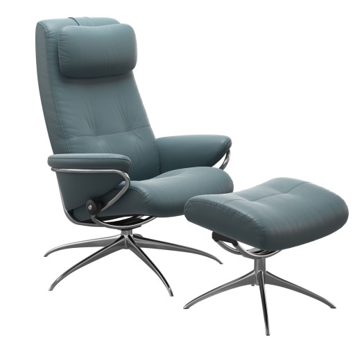 Fotoliu recliner cu taburet Stressless Berlin Star cu spatar inalt  cadru Polished  tapiterie piele Paloma Teal Blue