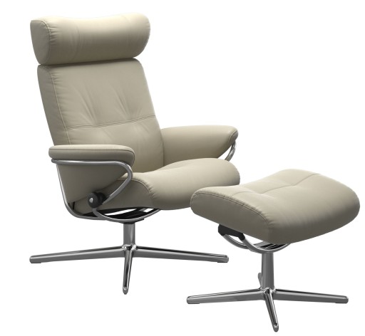 Fotoliu recliner cu taburet Stressless Berlin Cross cu tetiera ajustabila  cadru Polished  tapiterie piele Paloma Light Grey