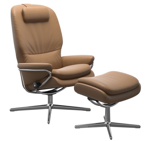 Fotoliu recliner cu taburet Stressless Rome Cross cu spatar inalt  cadru Polished  tapiterie piele Paloma Taupe
