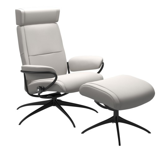 Fotoliu recliner cu taburet Stressless Paris Star cu tetiera reglabila  cadru Matte Black  tapiterie piele Batick Milky White