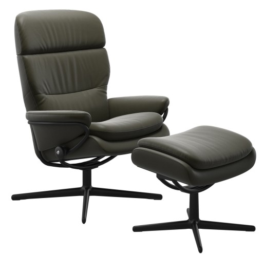 Fotoliu recliner cu taburet Stressless Rome Cross cu tetiera reglabila  cadru Matte Black  tapiterie piele Paloma Dark Olive