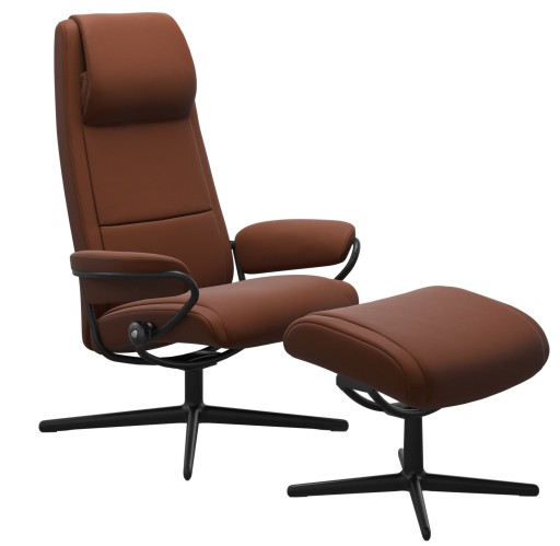 Fotoliu recliner cu taburet Stressless Paris Cross cu spatar inalt  cadru Matte Black  tapiterie piele Paloma Cooper