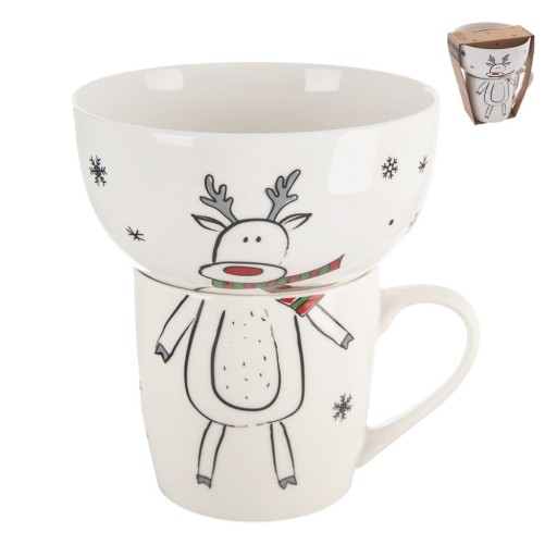 Set cană și bol alb 2 buc. din porțelan 350 ml cu model de Crăciun – Orion