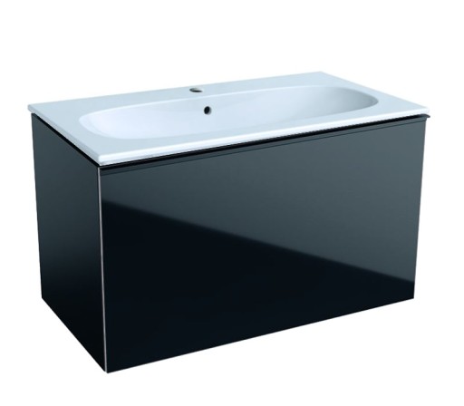 Set mobilier Geberit Acanto cu dulap baza  89x47.5cm cu un sertar sticla  negru mat + Lavoar 90x48cm  alb