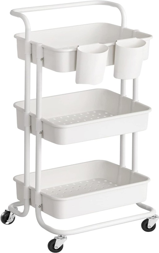 Carucior cu 3 rafturi bucatarie/baie, Songmics, 41.6x33.5x86.3 cm, max 10kg/nivel, otel/plastic, alb