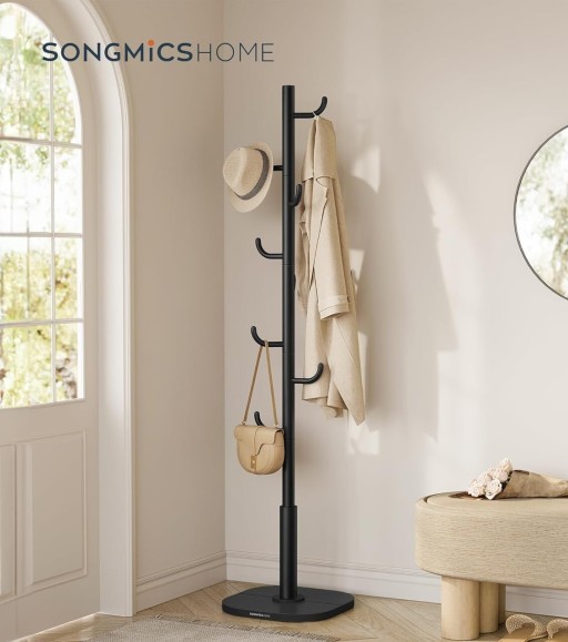 Cuier cu 8 agatatori Cactus, Songmics, 40x40x175.3 cm, otel/MDF, negru