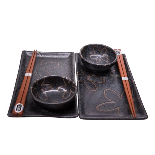 Set servire de 2 persoane pentru sushi negru, 100 ml Flower - MIJ