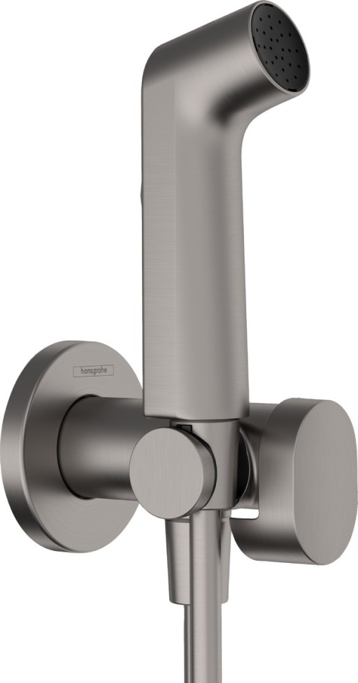 Set dus igiena intima Hansgrohe Bidette S EcoSmart+ 1 jet  furtun si robinet cu agatatoare  necesita corp incastrat  negru periat