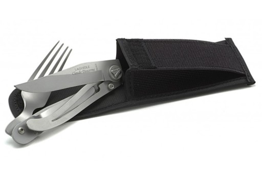 Set Claude Dozorme Laguiole Liner cutit + furculita pliabile  2 piese  inox  husa piele neagra