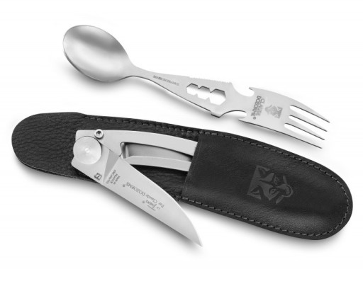Set Claude Dozorme Thiers Liner cutit pliabil + Forkspinner  2 piese  inox  husa piele neagra