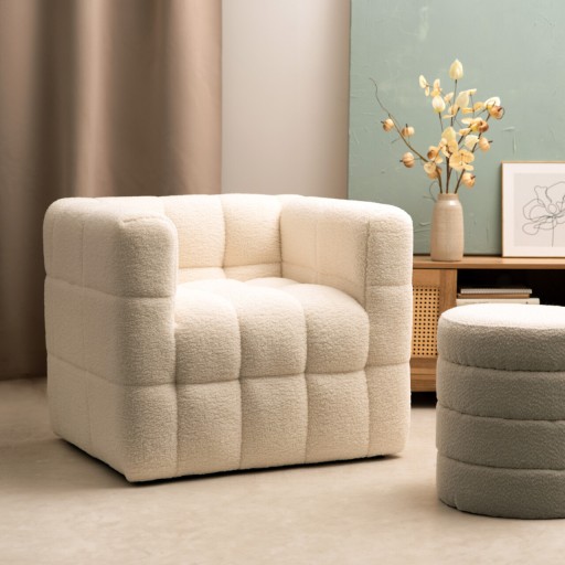 Fotoliu Biskoto, Homla, 80x68x65 cm, lemn/poliester Boucle, ecru