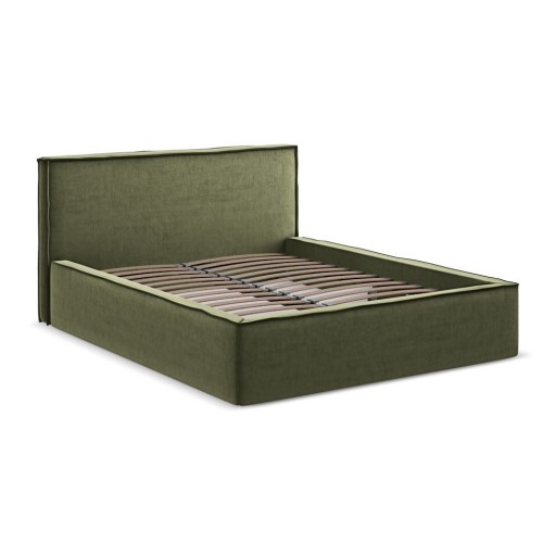 Pat matrimonial verde tapițat cu spațiu de depozitare cu somieră 160x200 cm Anani – Makamii
