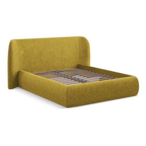 Pat matrimonial galben muștar tapițat cu spațiu de depozitare cu somieră 180x200 cm Hauke – Makamii