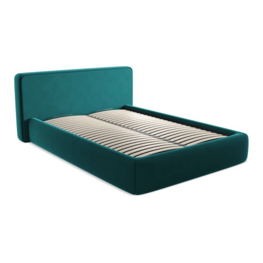 Pat matrimonial turcoaz tapițat cu spațiu de depozitare cu somieră 160x200 cm Kiana – Makamii