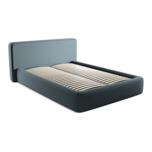 Pat matrimonial albastru tapițat cu spațiu de depozitare cu somieră 140x200 cm Kiana – Makamii