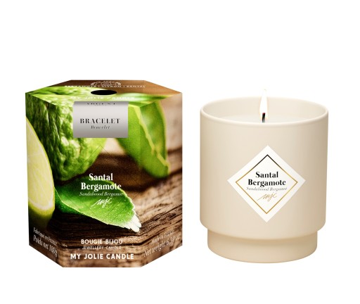 Lumanare parfumata My Jolie Candle Les Surprenantes Santal Bergamote 180g + bratara argintie surpriza