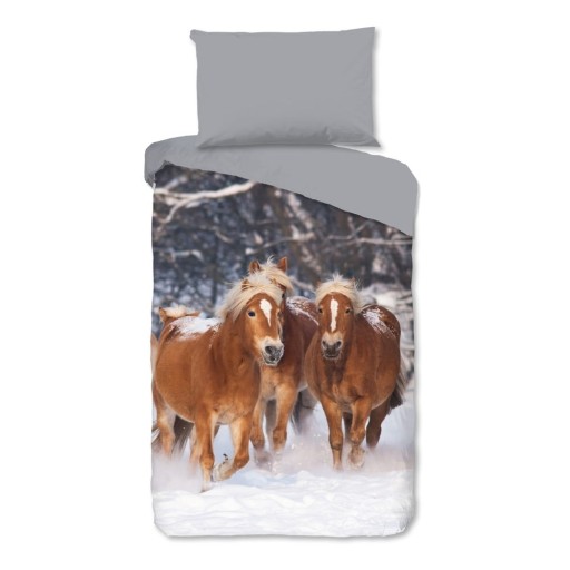 Lenjerie de pat pentru copii gri din flanelă pentru pat de o persoană 140x200 cm Happy Horses – Good Morning