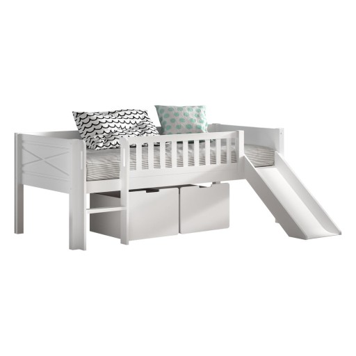 Pat pentru copii alb înalt din lemn de pin cu spațiu de depozitare cu somieră 90x200 cm Scott – Vipack