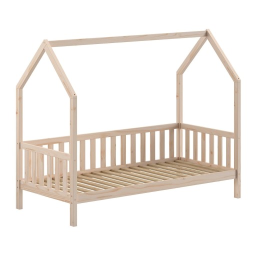 Pat pentru copii în culoare naturală de tip casă din lemn de pin cu somieră 90x200 cm Cabane – Vipack