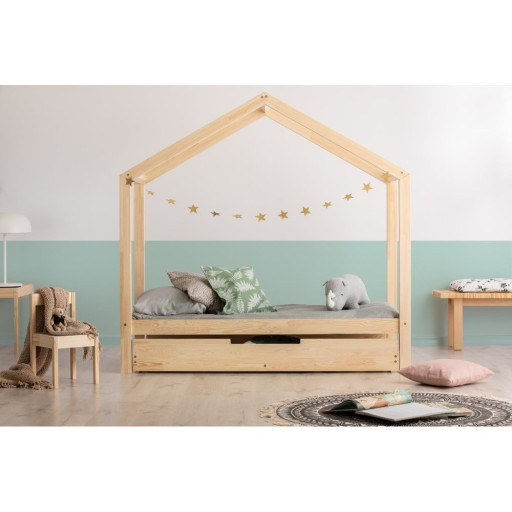 Pat pentru copii în culoare naturală de tip casă/cu extensie suplimentară cu spațiu de depozitare cu somieră 90x200 cm RM – Adeko
