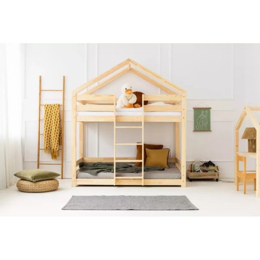 Pat pentru copii în culoare naturală de tip casă/supraetajat cu somieră 80x160 cm DMPN – Adeko
